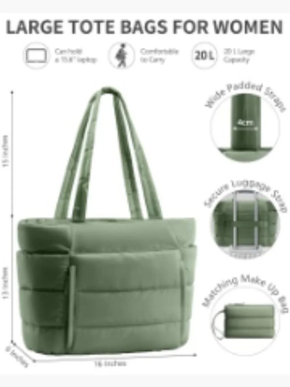 Lightweight Puffer Tote Bag for Women, Padded Laptop 15.6